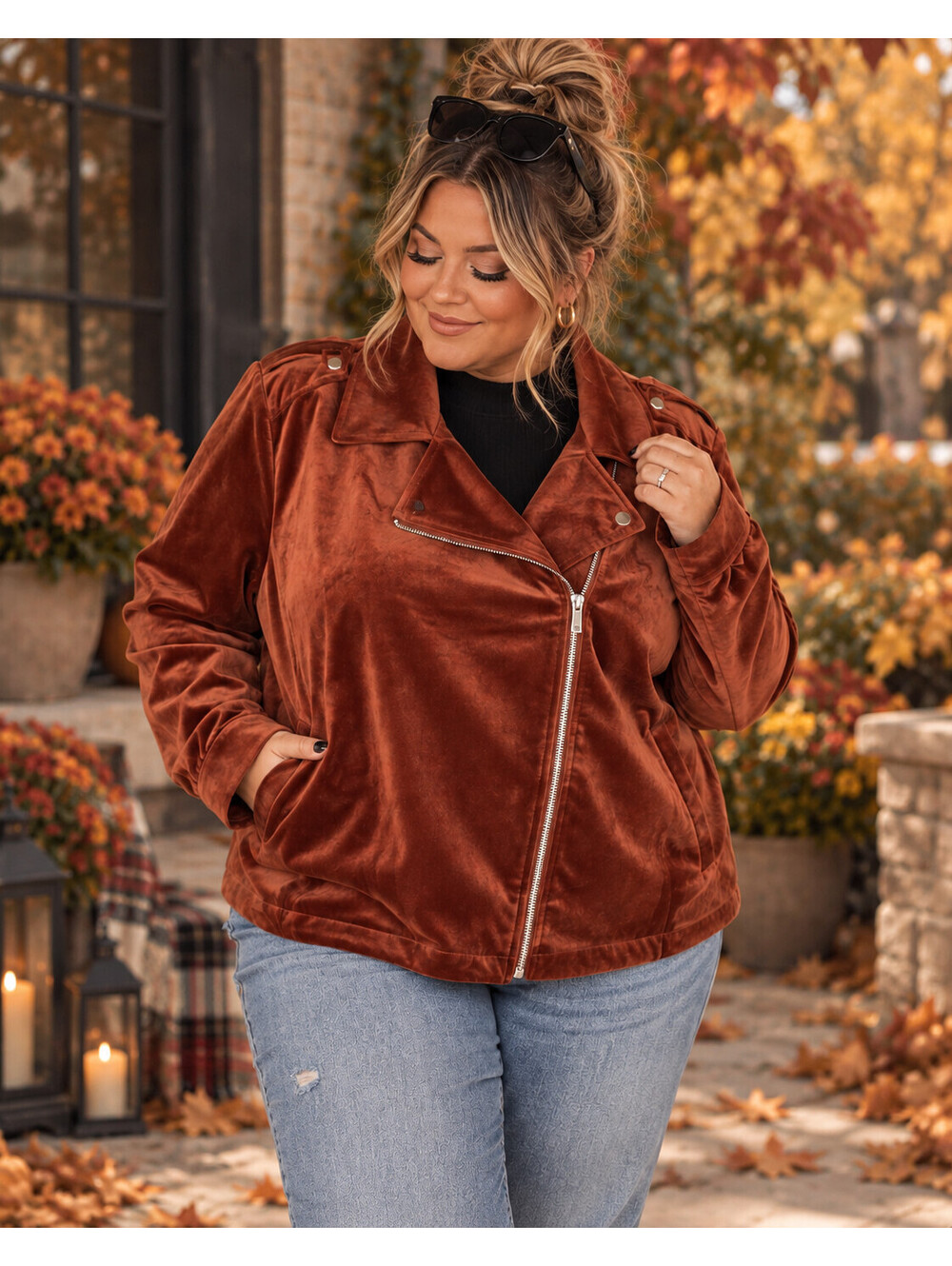 LC Lauren Conrad Faux Velvet Moto Jacket Womens 3X Rust Asym Zip Plus Size Biker